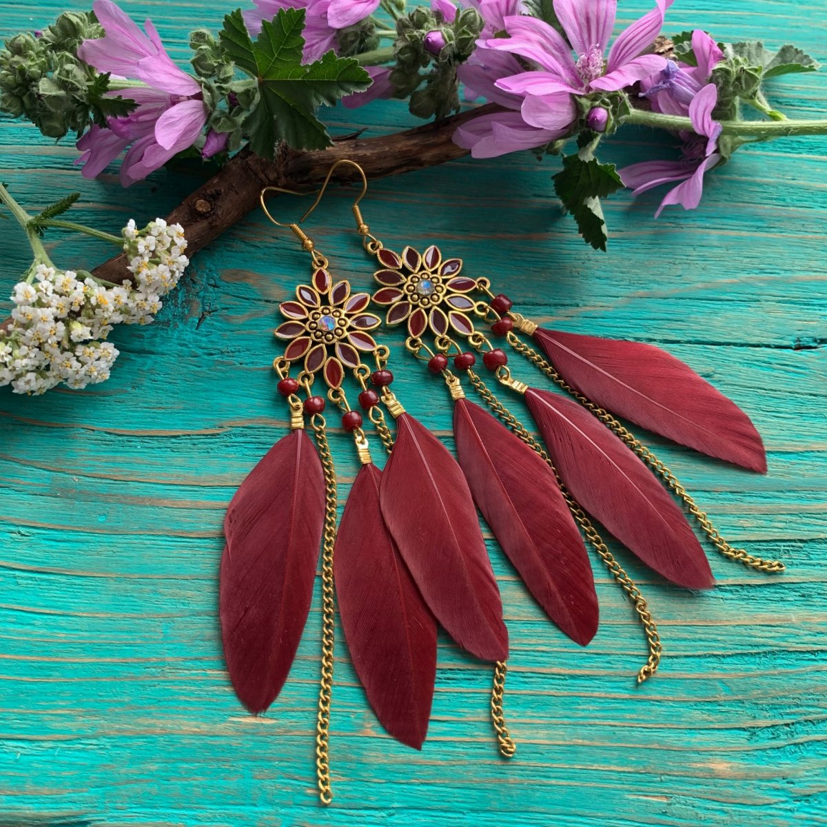 Peříčkové vínové náušnice