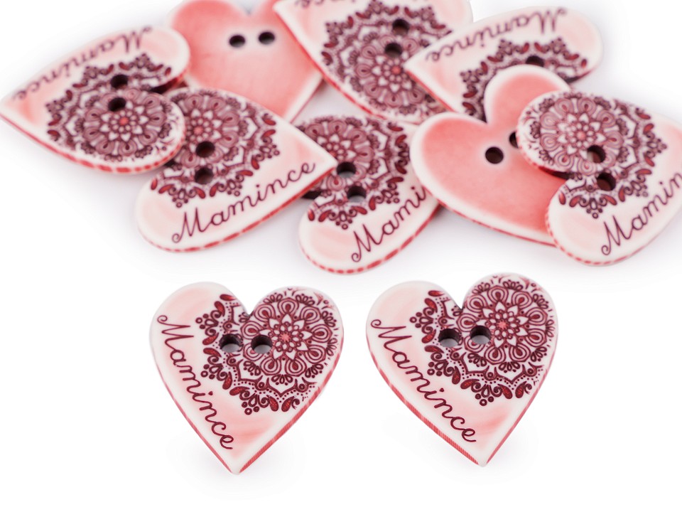 Knoflík srdce 30 x 33 mm (1ks) - růžová