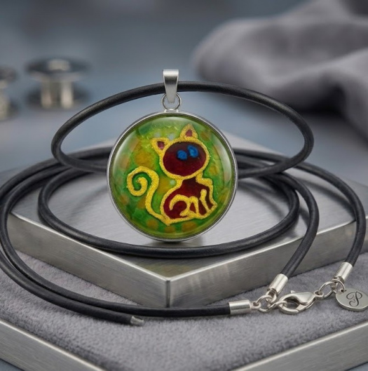 Ručně malovaný skleněný náhrdelník-zvědavá kočka