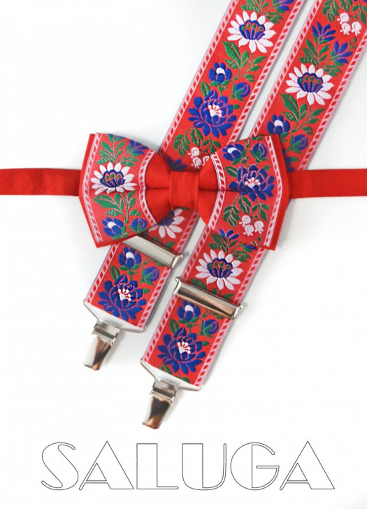 Pánské set motýlek + šle folkový, folklorní,lidový červený