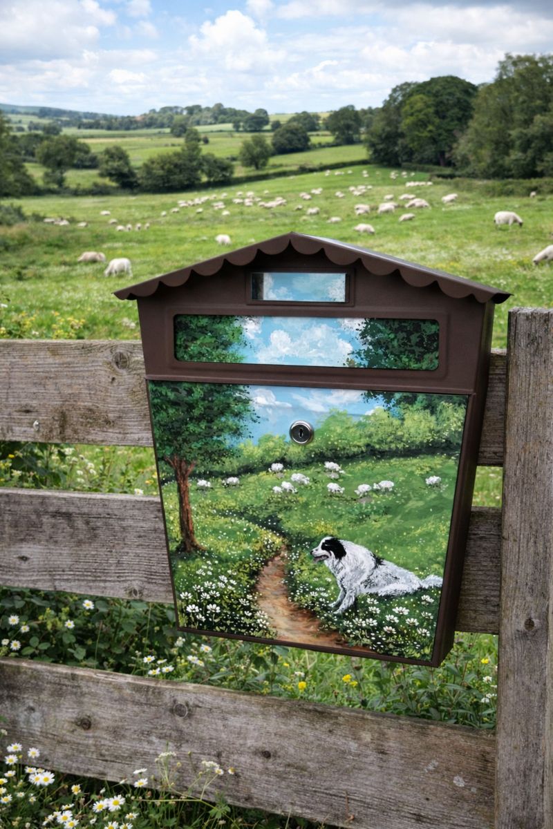 Ručně malovaná poštovní schránka – louky s ovečkami
