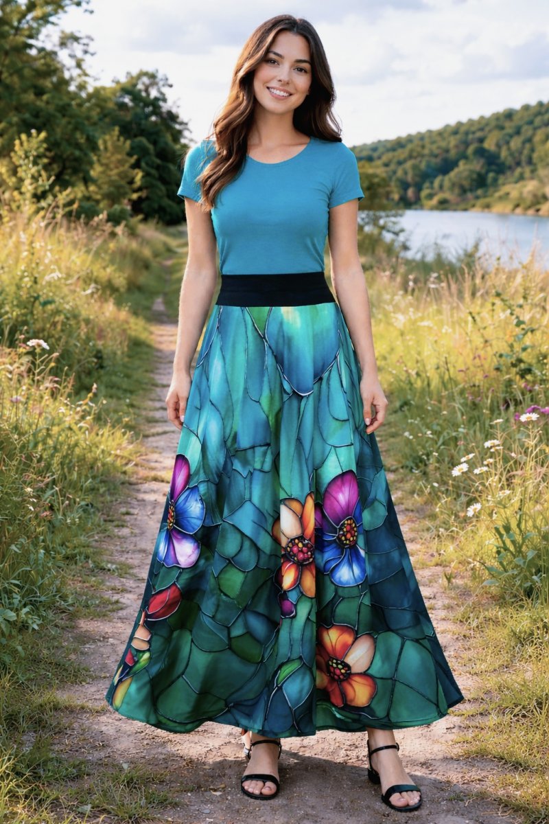 Dlouhá půlkolová sukně - pestré květy