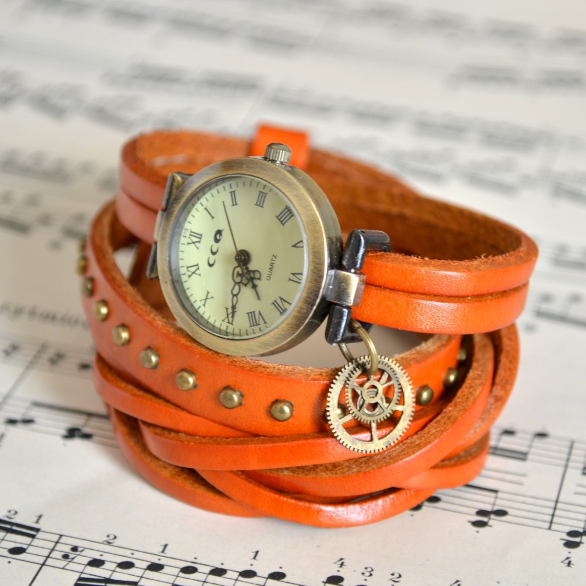 ORANŽOVÉ OMOTÁVACÍ ELEGANTNÍ HODINKY, steampunk