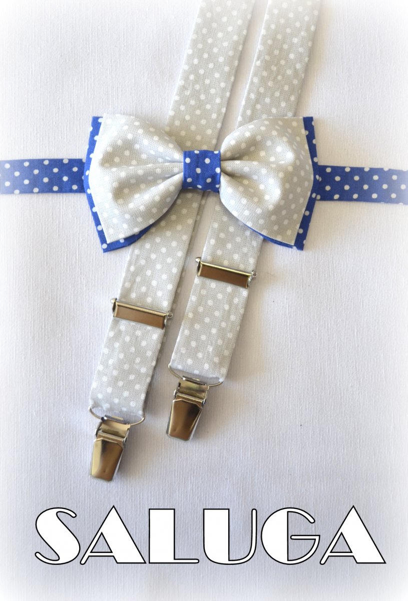 Šedě modrý set s tečkami motýlek + šle