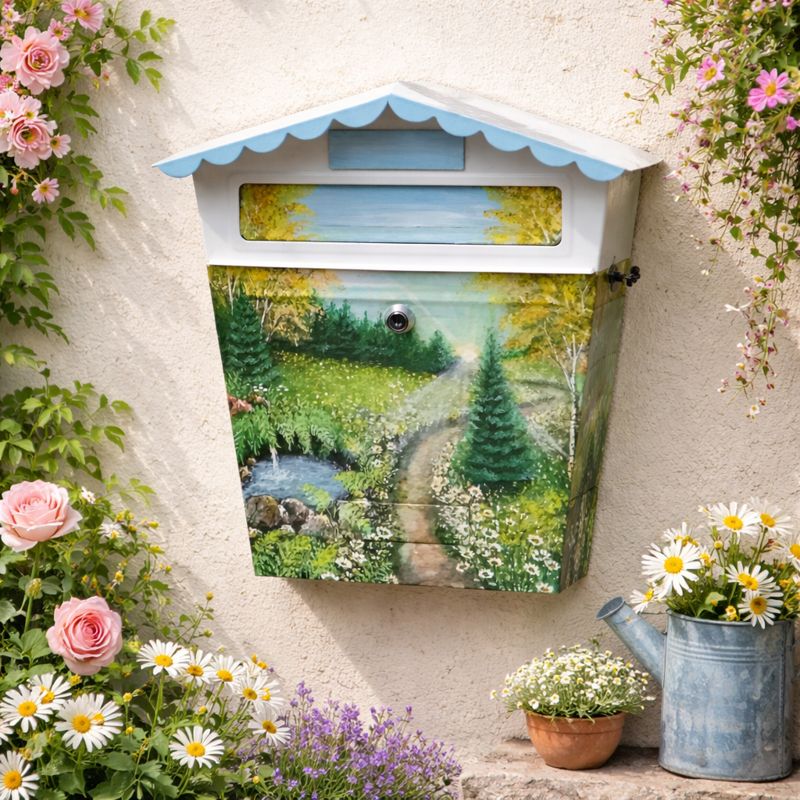 Ručně malovaná poštovní schránka – krajina s cestou