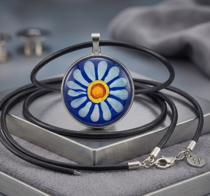 Ručně malovaný skleněný náhrdelník- kopretina 