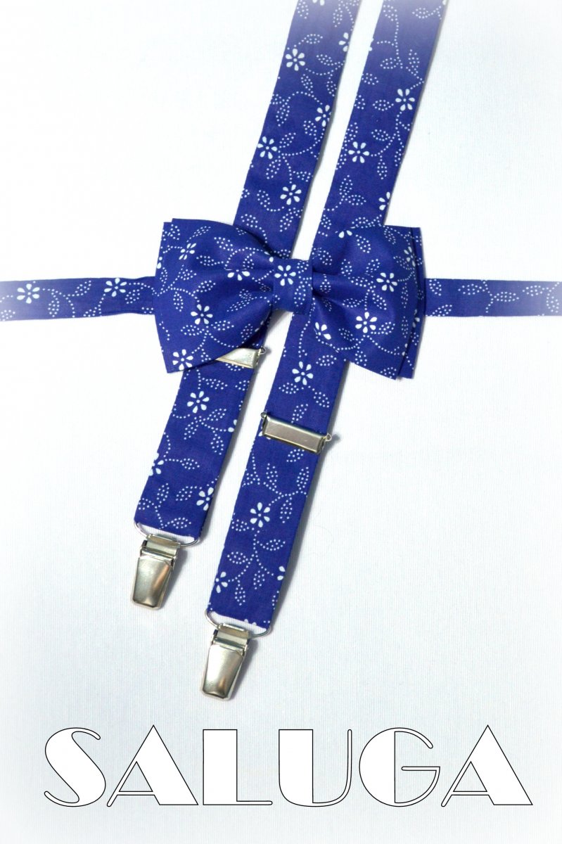 Modrý retro květovaný set motýlek + šle