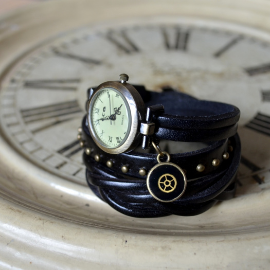ČERNÉ OMOTÁVACÍ ELEGANTNÍ HODINKY, steampunk