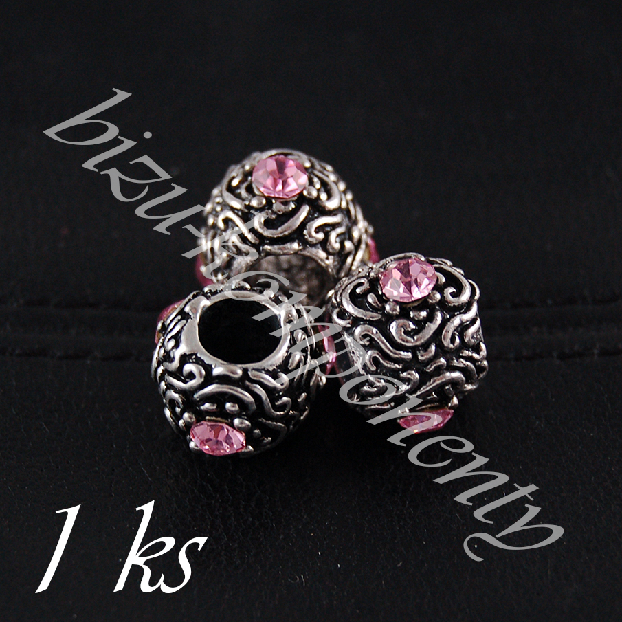 Kovový korálek s růžovými šatony (28 0020)
