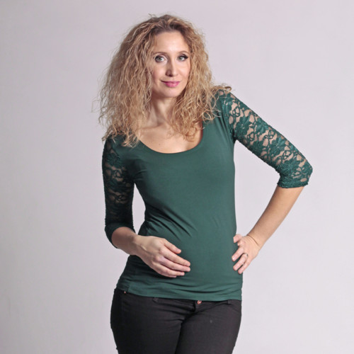 Zelené tričko s hodinkovým krajkovým rukávem 