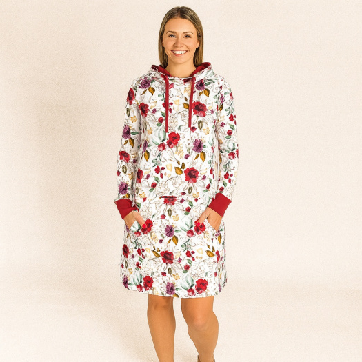 Mikinové šaty s kapucí - květy na bílé (teplákovina)