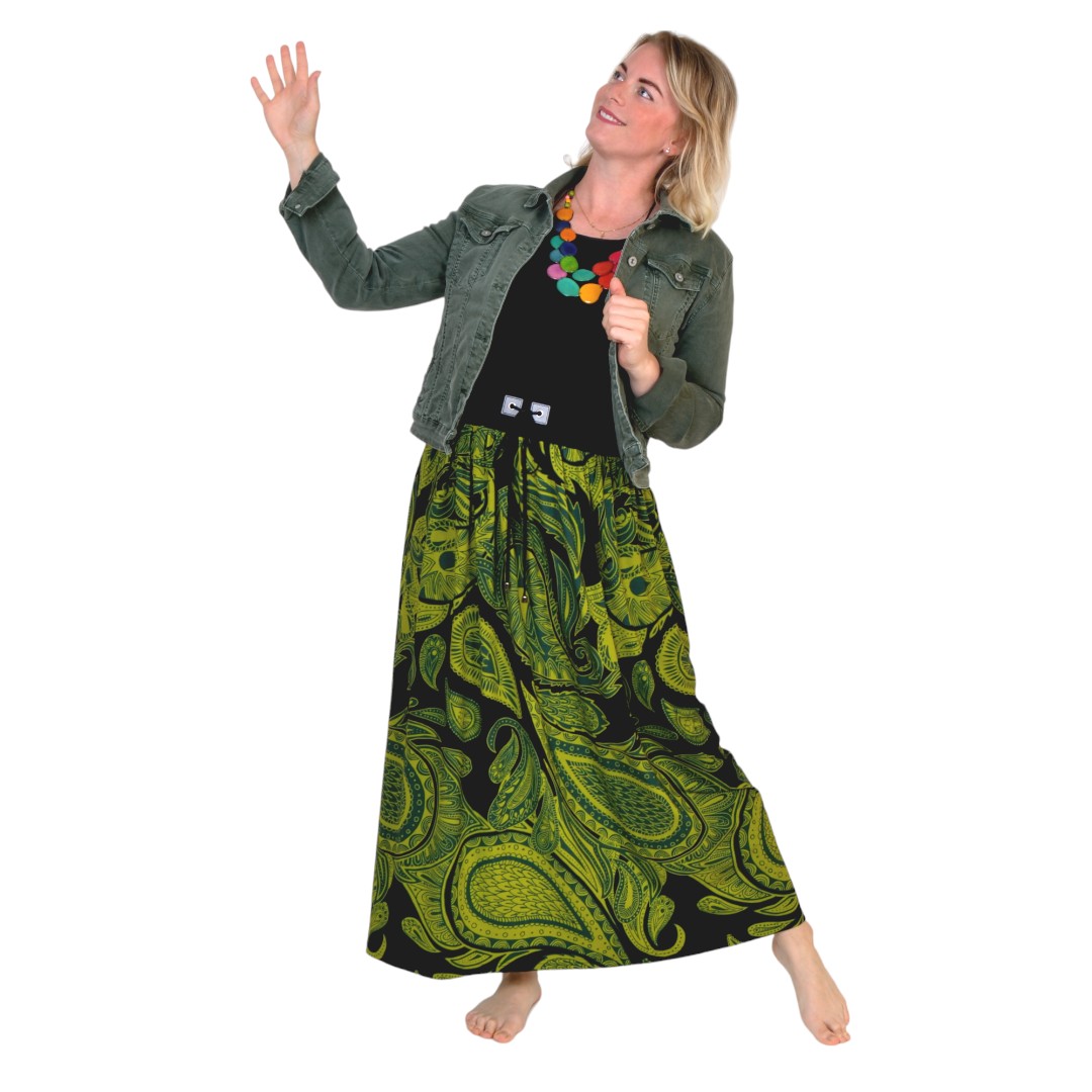 Řasená maxi sukně FEMI / zelený vzor, vel. S - XXL