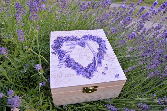 Krabička na čaj - 4 přihrádky - levandulové srdíčko