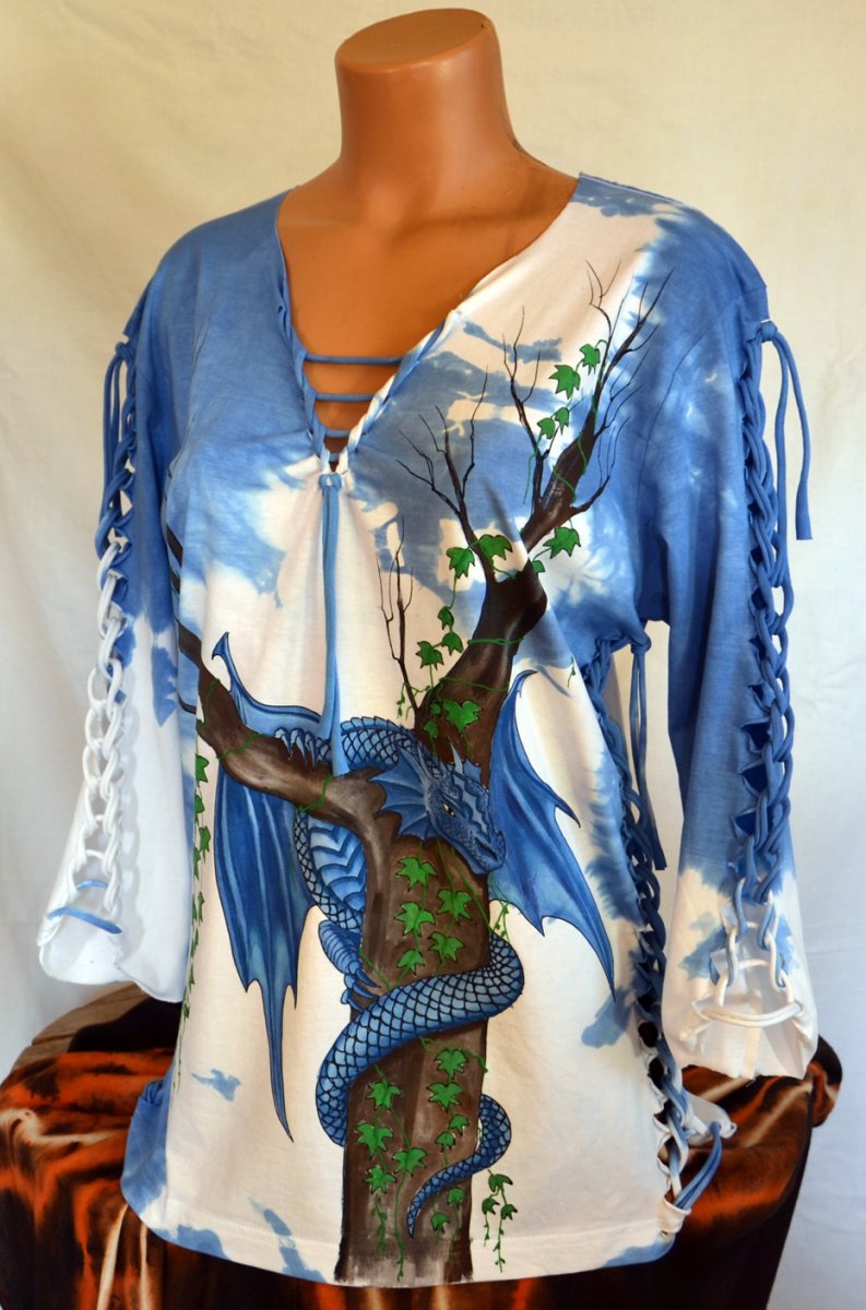 Modré prostříhané tričko s drakem