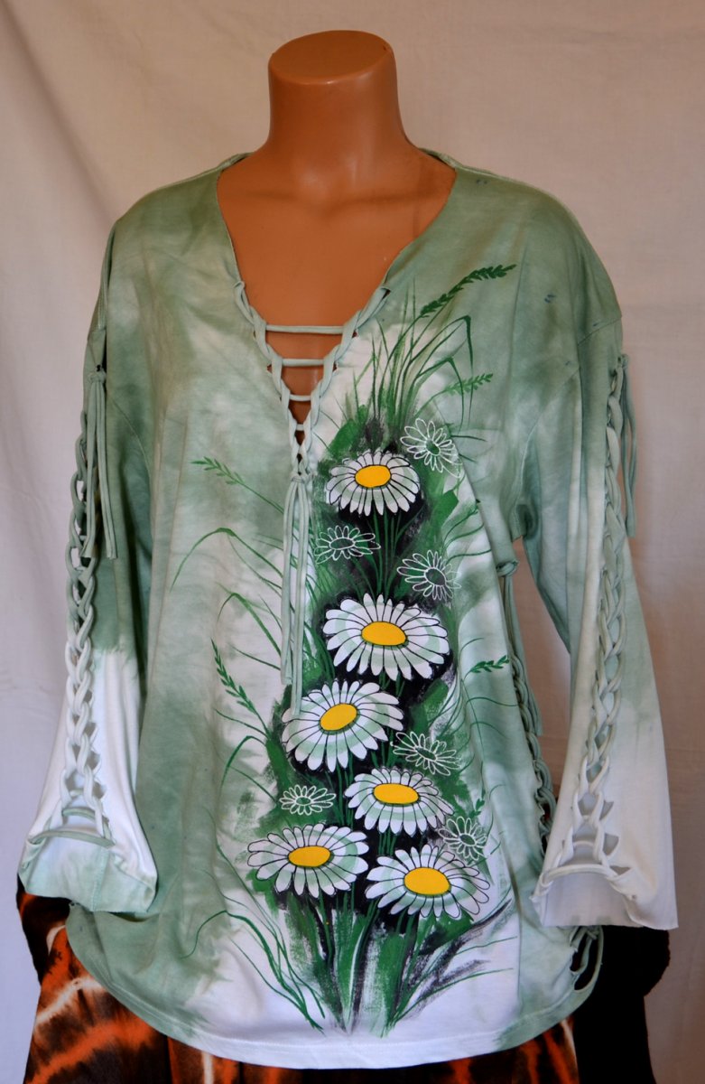 ZELENÉ prostříhané tričko s kopretinami 