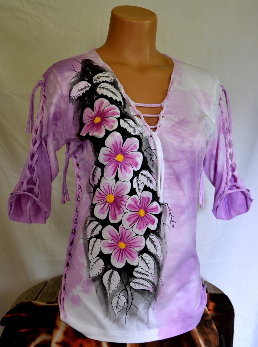 Růžové batikované tričko s květy - REZERVACE