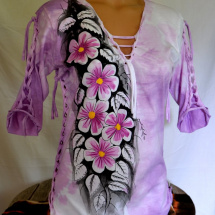 Růžové batikované tričko s květy - REZERVACE