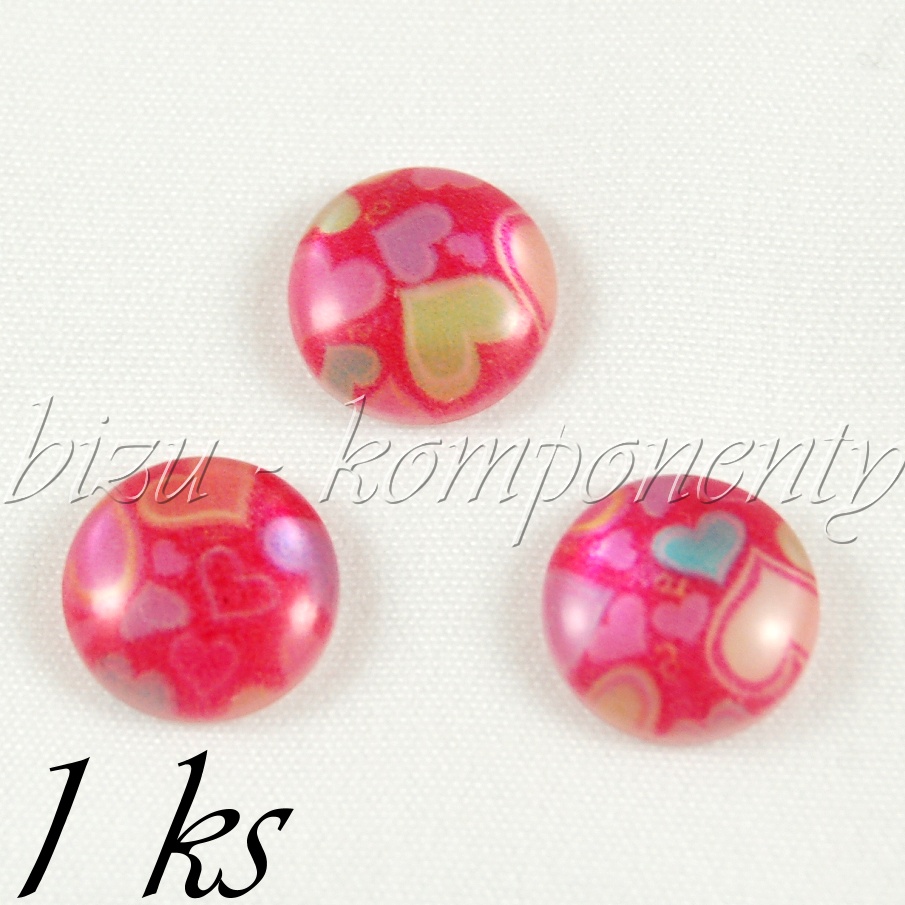 Růžový kabošon se srdíčky, 12 mm, 1ks (35 0094)