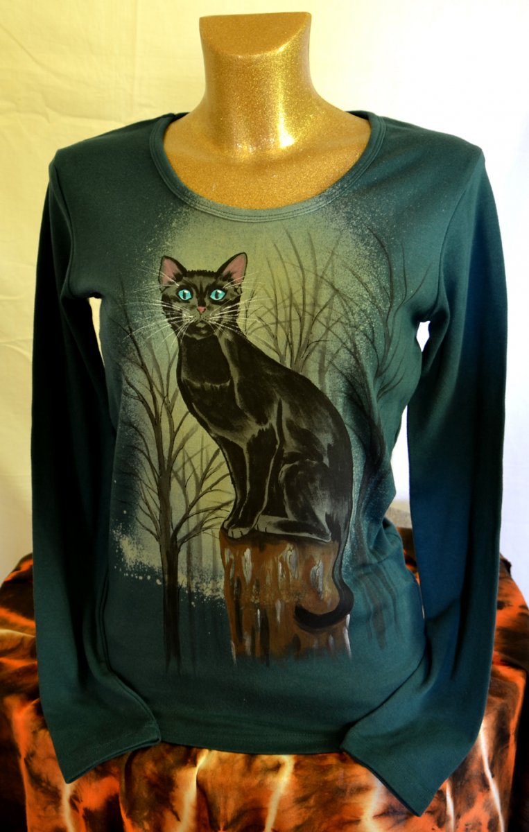 Tmavozelené tričko s černým kocourem