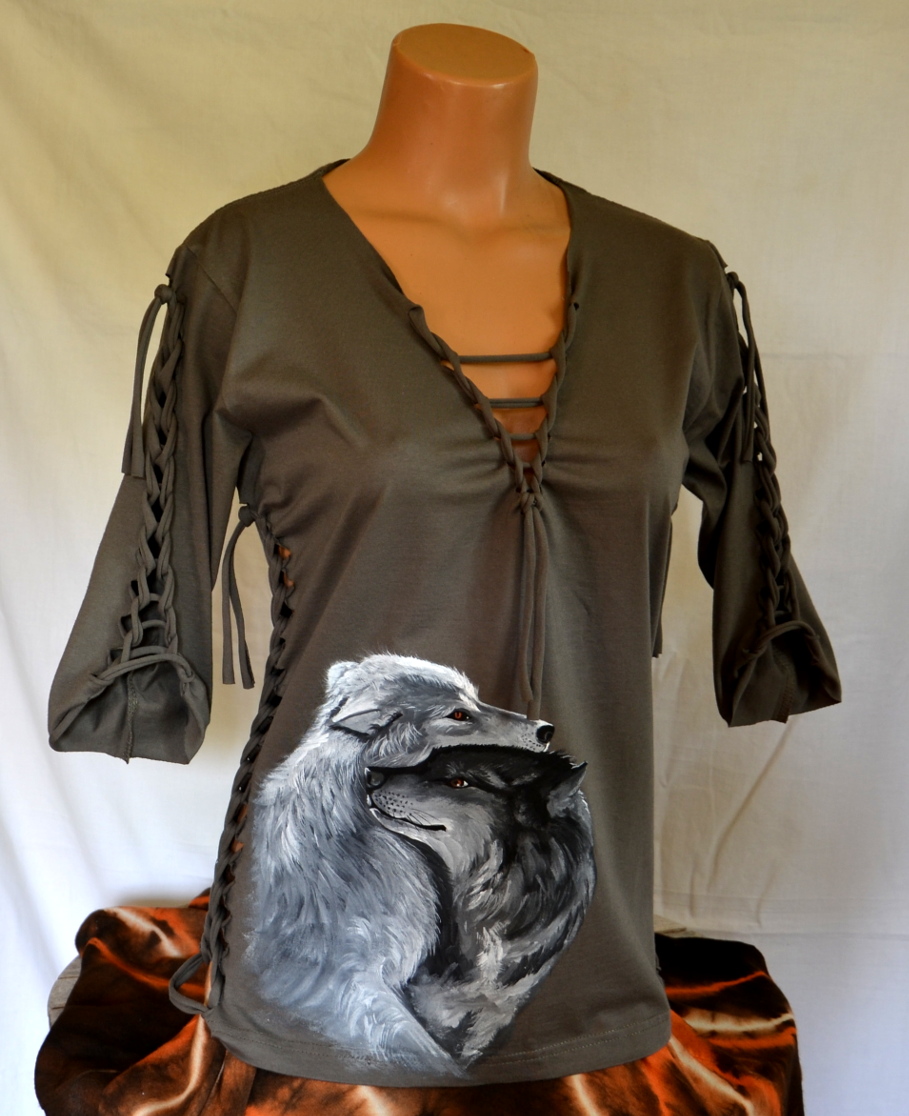 Khaki prostříhané tričko s vlky