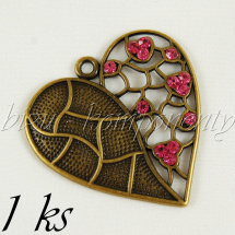 Velké ozdobné srdce s růžovými šatony, bronzová barva (02 1135)
