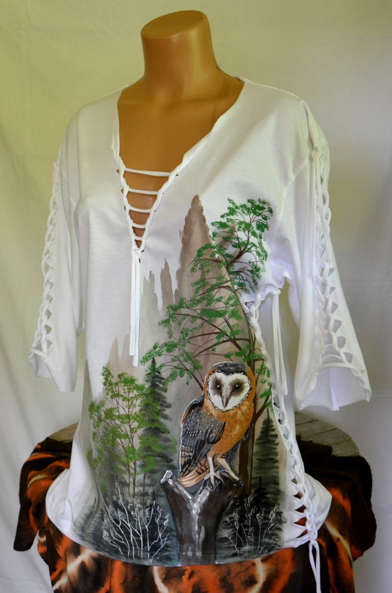 Bílé prostříhané tričko se sovou, M, ostatní velikosti na dotaz