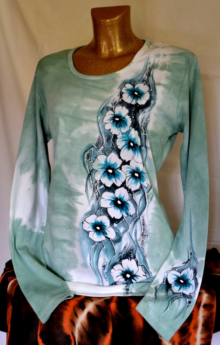 Zelené tričko s květinami - dlouhý rukáv, XXL