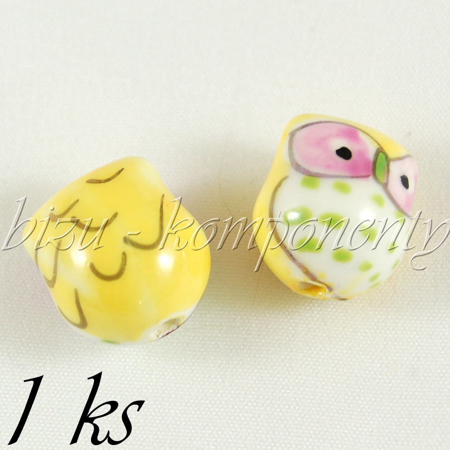 Keramický korálek žlutá růžovooká sova (01 0395)