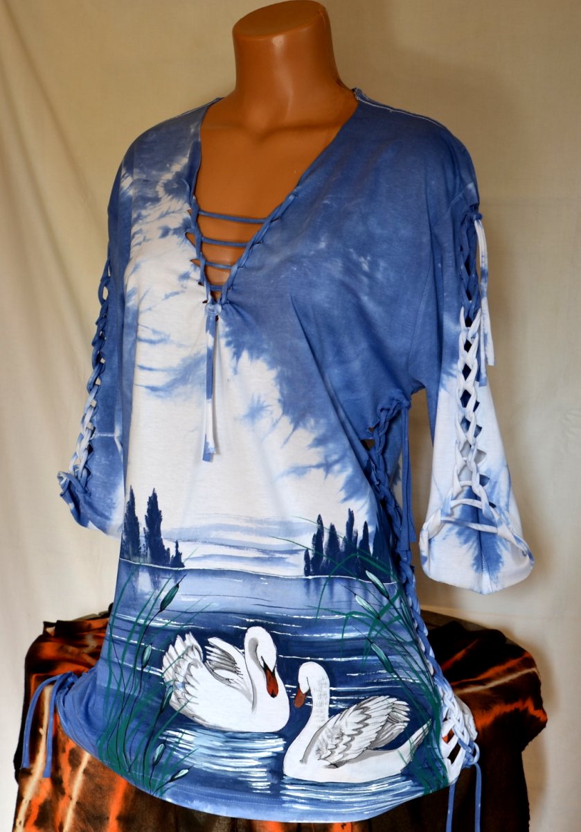 Modré prostříhané tričko s labutěmi, 2XL