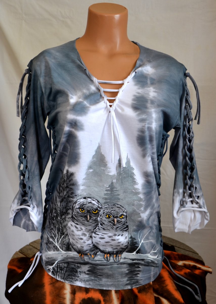 Šedé prostříhané tričko se sovičkami