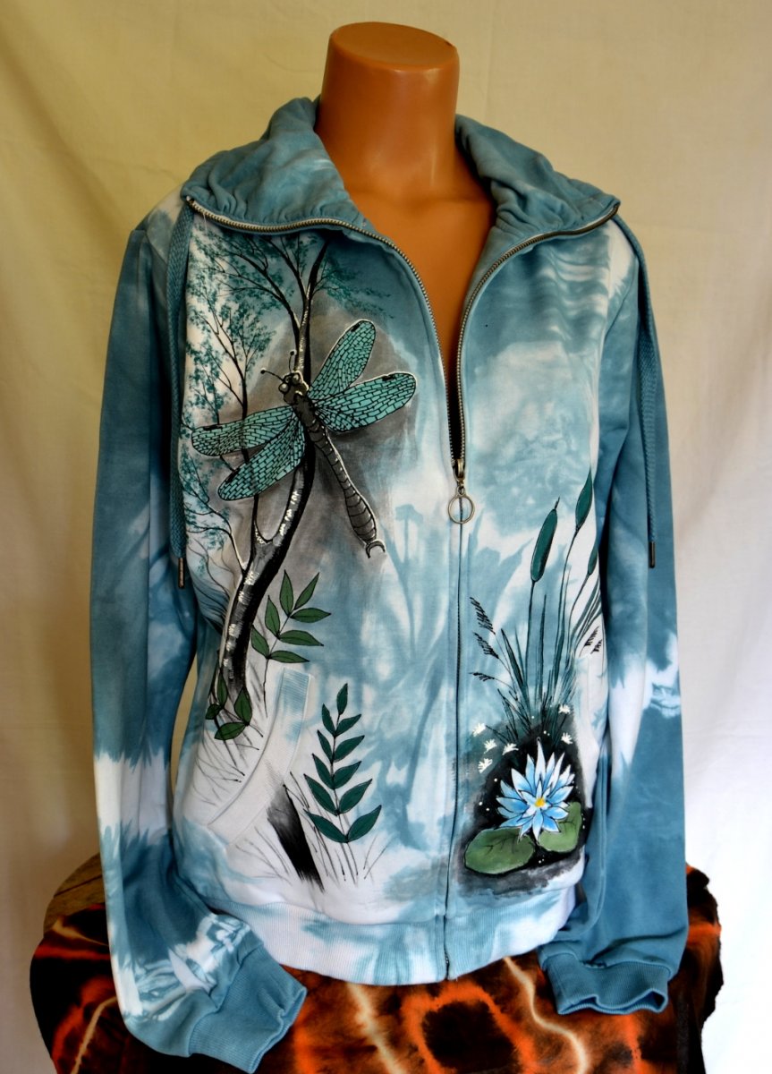 Tyrkysová batikovaná mikina s vážkou