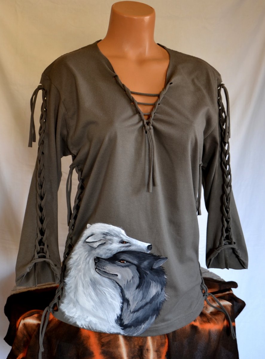 Khaki prostříhané tričko s vlky , L