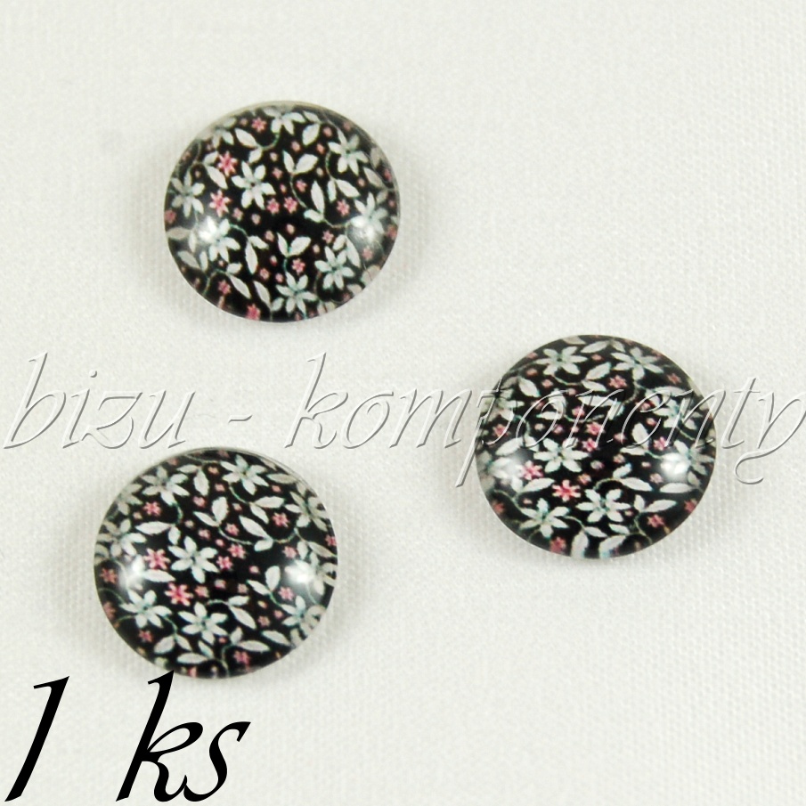 Skleněný kabošon s růžovými kvítky, 12 mm (35 2303)