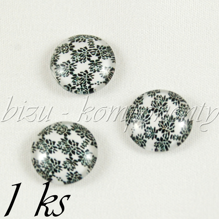 Skleněný kabošon  s černými květinami, 12 mm (35 2428)