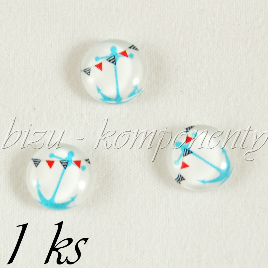 Skleněný kabošon modrá kotva a vlaječky, 10 mm (35 2246)