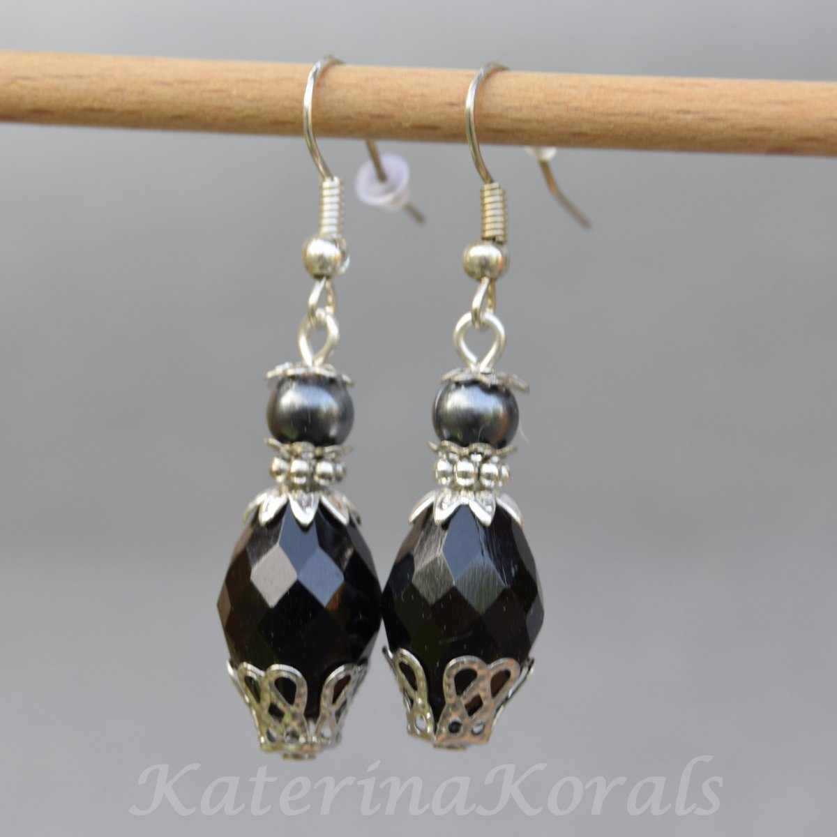 Vintage náušnice, černá,antracit/ háček stříbrná b