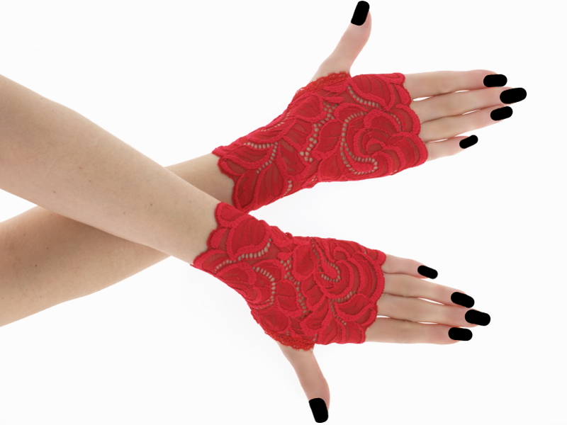 Dámské krajkové červené bezprsté rukavice 01BB