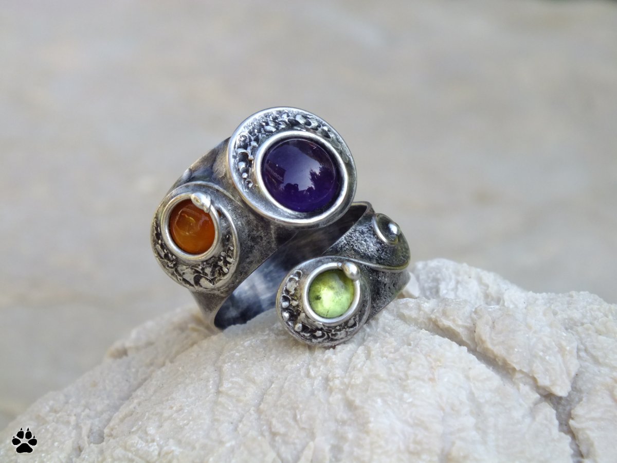 Ametyst,olivín,karneol - cínovaný prsten