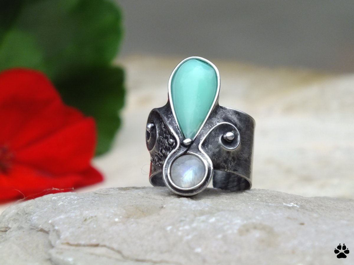 EXCLAMATION - prsten s chryzoprasem a adulárem