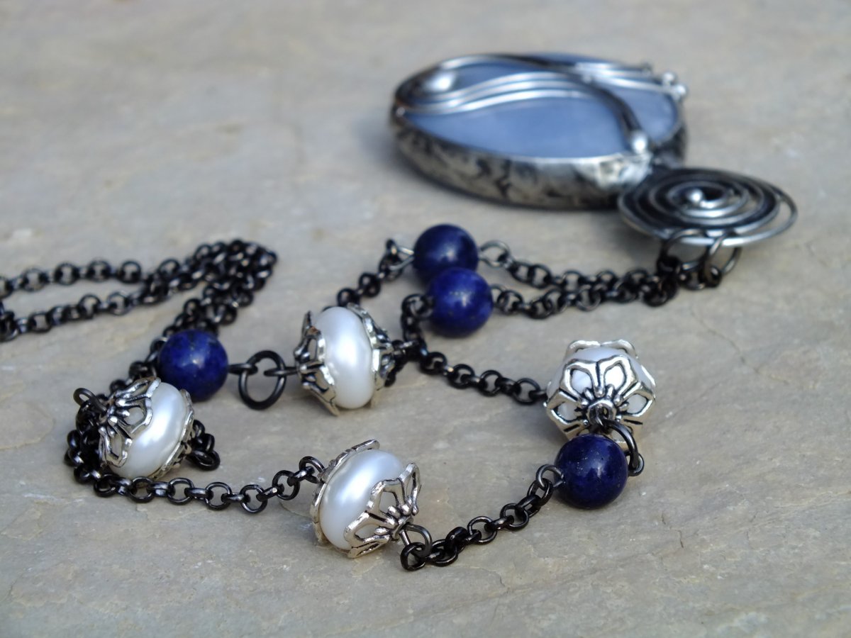 Angelit a říční perly - dlouhý náhrdelník