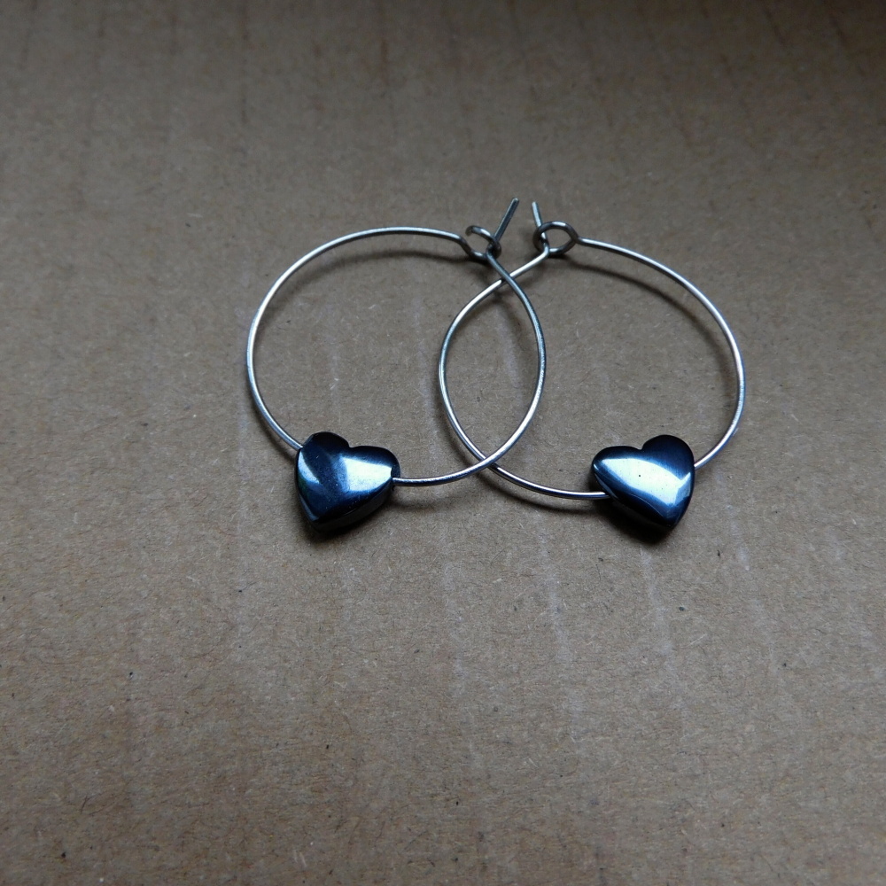 Naušnice -Nerez- kruhy-hematit-srdce