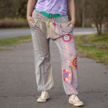 Kalhoty baggy fialový proužek mandaly