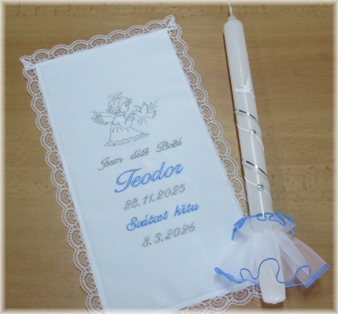 Křestní sada 3D - rouška, svíce, ozdoba   