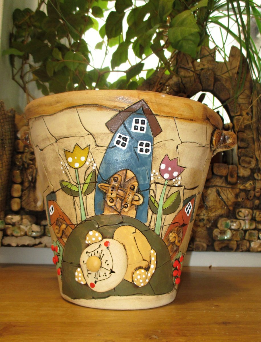 Obal na květináč - Domečeky + kočka