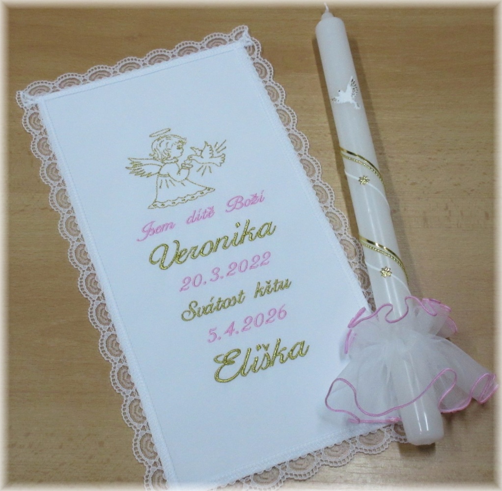 Křestní sada 3D - rouška, svíce, ozdoba   