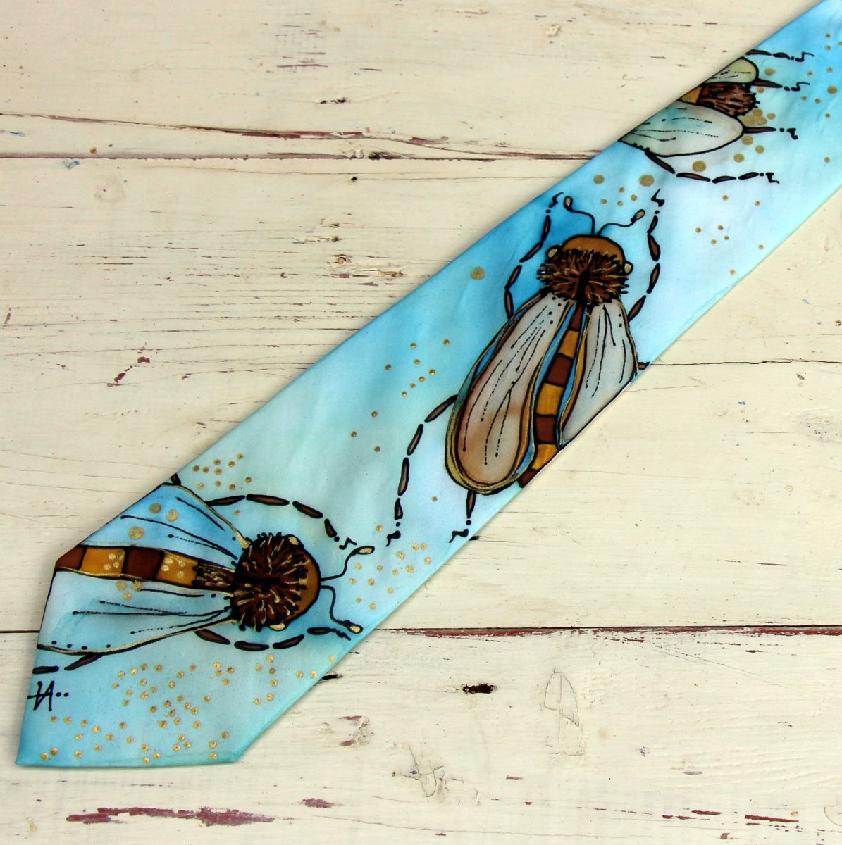 Malovaná kravata tři včelky modrá SKLADEM