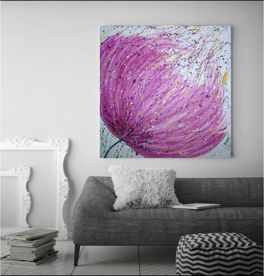 Malovaný  obraz, růžové poupě, abstrakce 