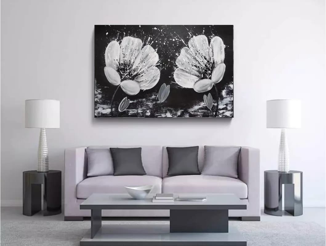 Malovaný černobílý obraz, květiny 