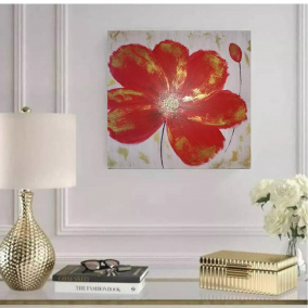 Malovaný obraz, červená květina se zlatým detailem