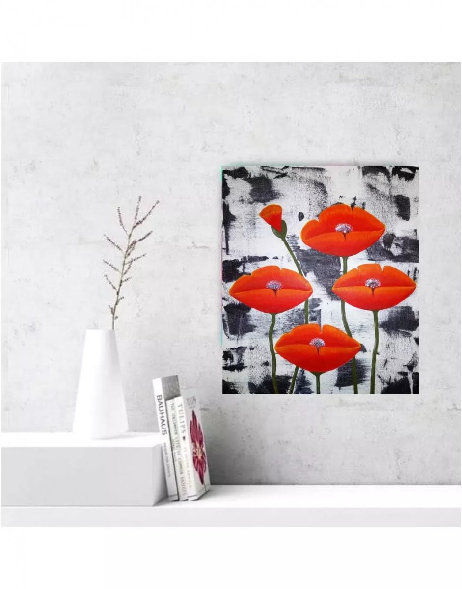 Obraz malovaný, abstrakce, vlčí máky 